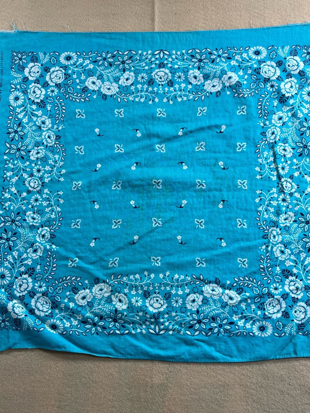 Vintage 1950s/60s Turquoise Floral Bandana RN 13962 Fast Color 100% Cotton